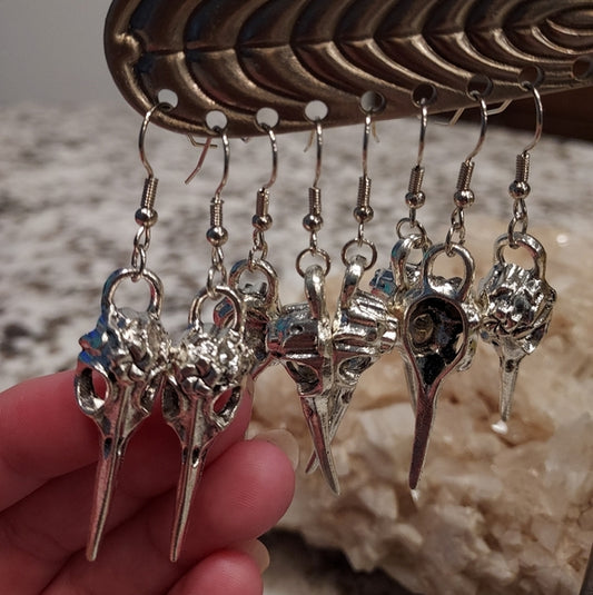 Witchy raven skull dangle earrings. Forest witch/fae folk galore